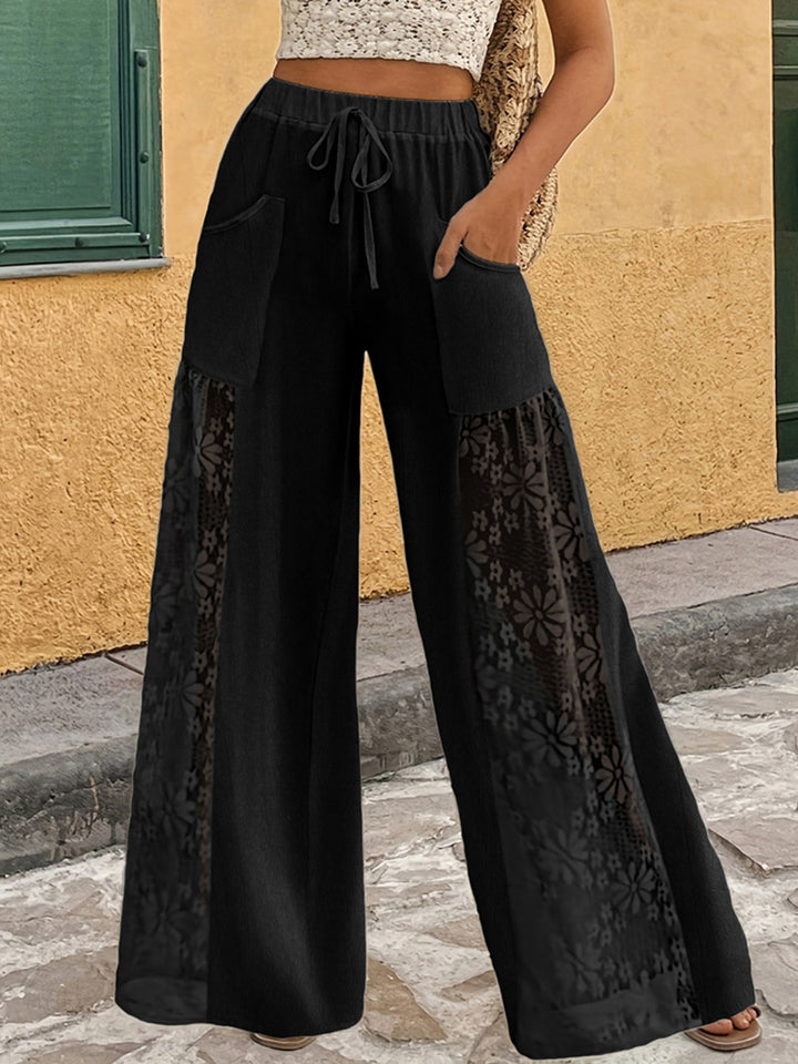 欧美跨境女装亚马逊外贸纯色阔腿裤女士休闲裤设计感蕾丝拼接长裤